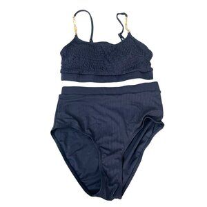 Shell Embellished Two-Piece Navy High-Waisted Bikini Set NEW Medium